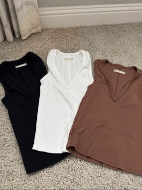 We The Free V-Neck Ribbed Tank Trio - Black, White, Brown
